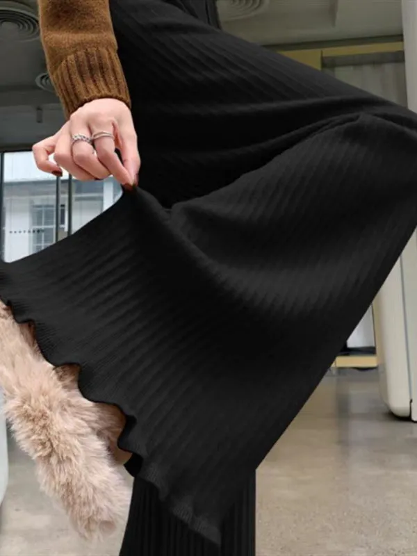 Wooden Ear Elastic High Waist Lace up White Knitted Fabric All match Wide Leg Pants Black - Shop at LoveMi