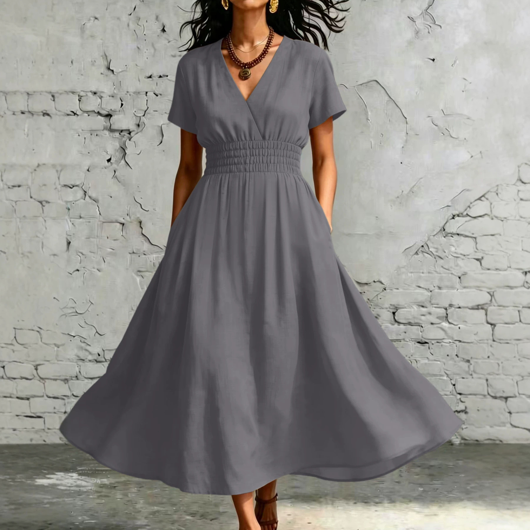 Solid color V-neck midi dress in multiple colors – Black, White, Gray, Green, Rose Red, Yellow