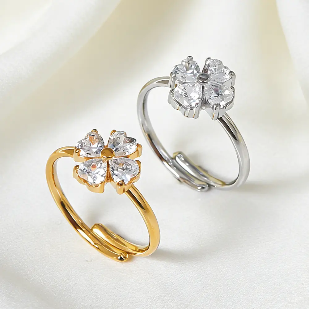Stainless Steel Flower-shaped Zircon Adjustable Ring