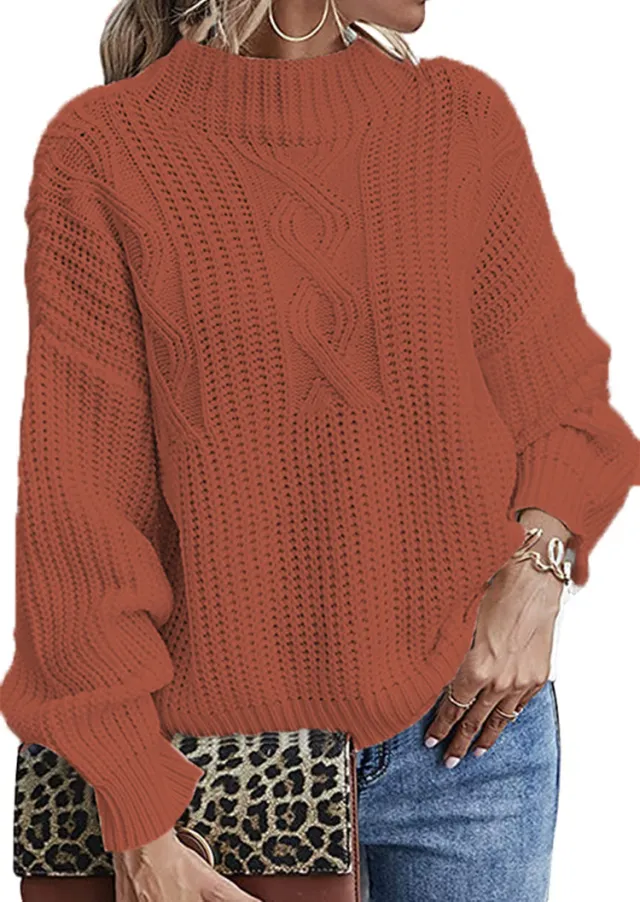 Long Sleeve Mid Collar Slim Bottoming Shirt Round Neck Pullover Sweater Orange Red - Shop at LoveMi