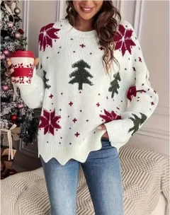 Printed Holiday Loose Casual Knit Sweater For Women - White - View 1