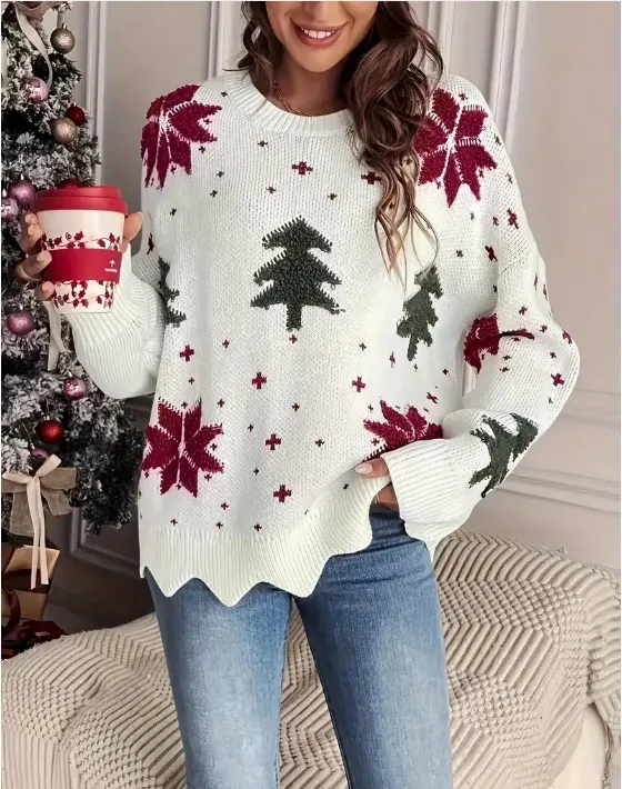Printed Holiday Loose Casual Knit Sweater For Women White - Shop at LoveMi