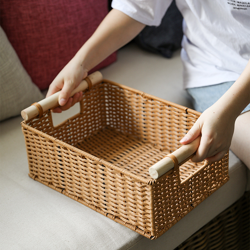 Solid Wood Handle Hand-woven Storage Basket Wooden Handle