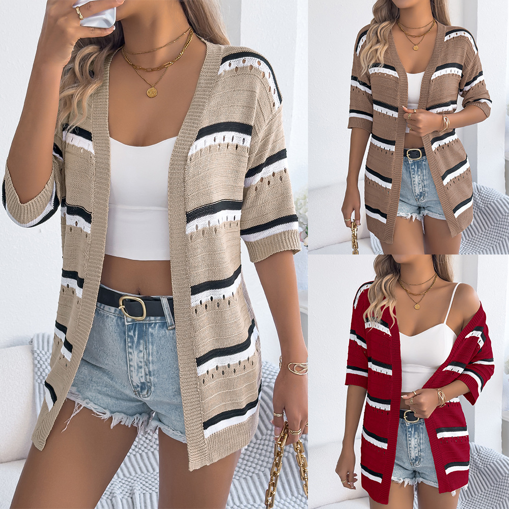 Womens Casual Striped Hollowed-Out Knitted Top With Three-Quarter Sleeves