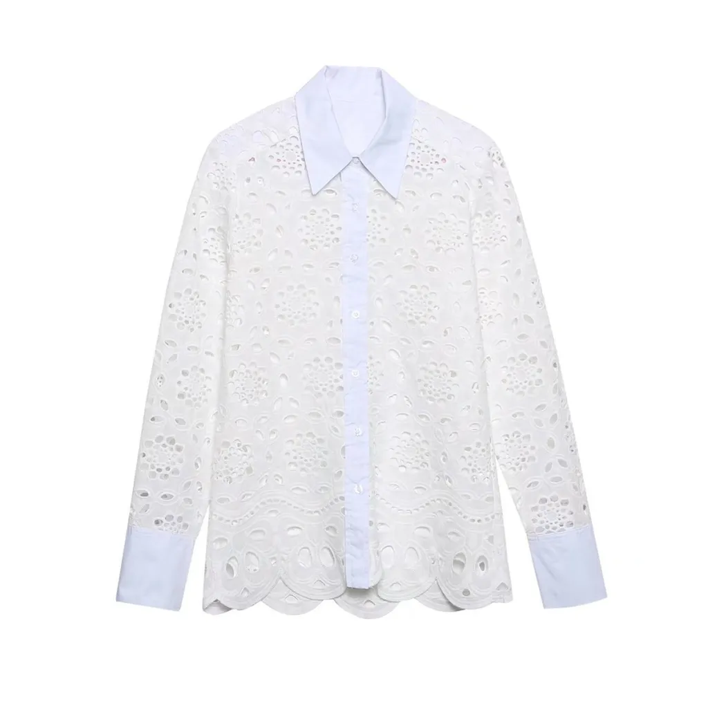 Temperament Leisure Summer New Foreign Trade Embroidery Openwork Blouse Skirt Two-piece Suit Fashion Leisure Suit - Shirt-S