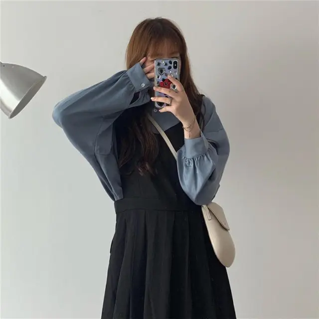 Autumn Suit Women's Shirt Extended Black Strap Dress Blue Shirt - Shop at LoveMi
