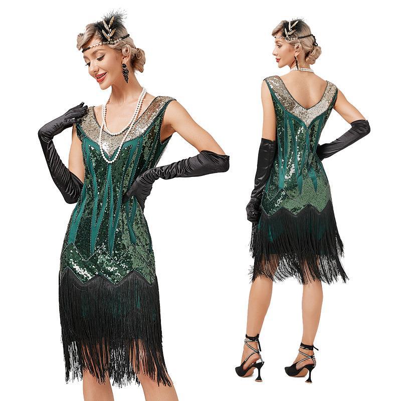 Retro V neck Double layered Tassel Gatsby Cocktail Ball Sequin Bead Dress Green - Shop at LoveMi