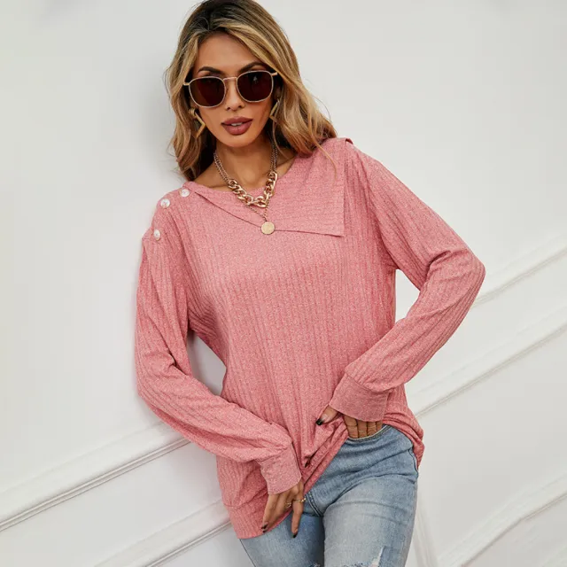 Women's Round Neck Pullover Fastener Decoration Top Sweater Pink - Shop at LoveMi