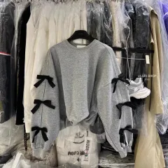 Bow Round Neck Long-sleeved Shirt Sweater - Grey - View 1