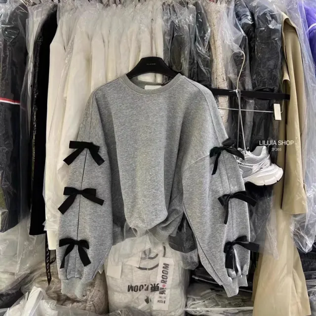 Bow Round Neck Long sleeved Shirt Sweater Gray - Shop at LoveMi
