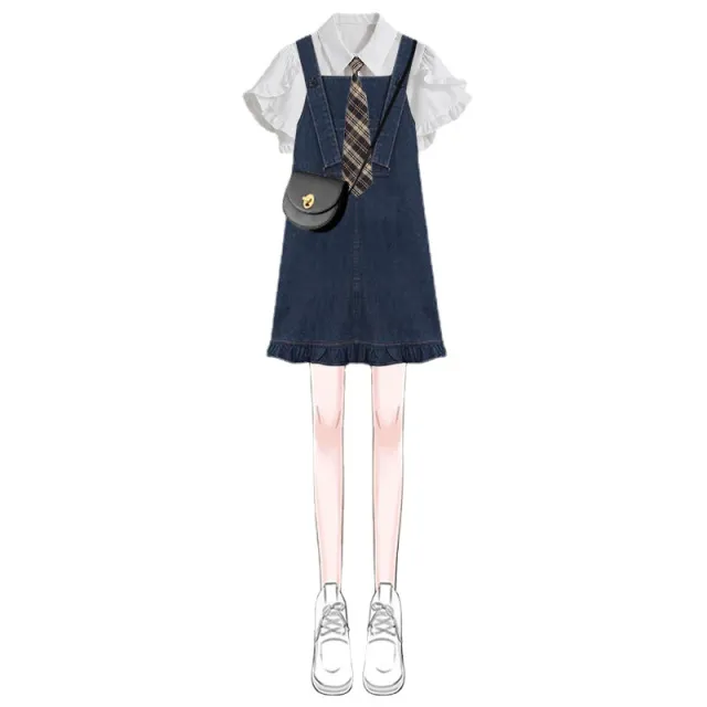 Girl Denim Dress College Style Blouse Suspender Skirt Outfit Denim Suspender Skirt M - Shop at LoveMi
