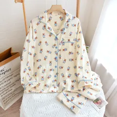 Crepe Cotton Pyjamas Women's Long-sleeved Trousers Homewear Suit - Strap Bear - View 1