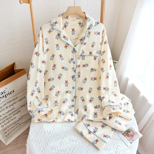 Crepe Cotton Pajamas Women's Long sleeved Trousers Homewear Suit Strap Bear - Shop at LoveMi
