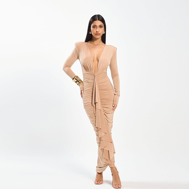 New Sexy Deep V Pleated Design Elegant Figure hugging Sheath Dress Khaki - Shop at LoveMi
