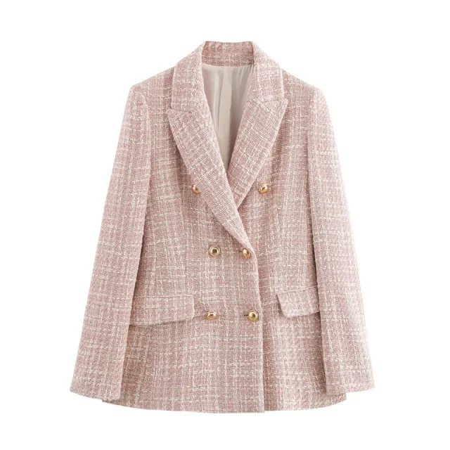 Autumn Texture Double Row Ornament Slim Suit Jacket Pink - Shop at LoveMi