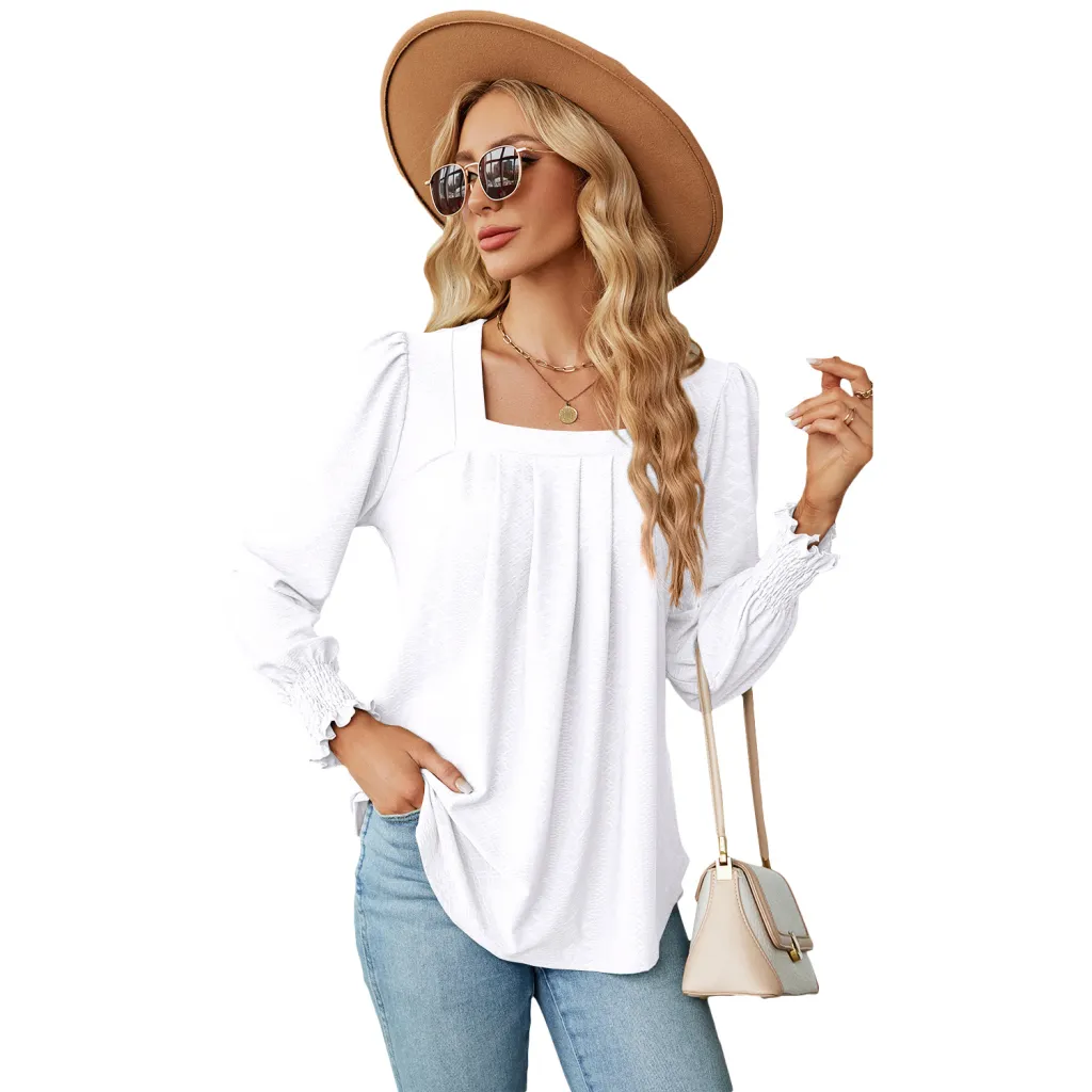 Women's Fashion Casual Jacquard Pleated Square Collar Long Sleeve - White