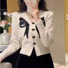 V-neck Bowknot Knitted Sweater Long Sleeve Sweater - Butterfly Knitted Beige - View 1