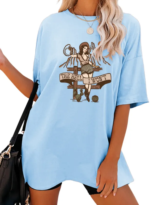 Women's Fashion Casual The Hell I Won't Print Round Neck Short Sleeve Light Blue - Shop at LoveMi