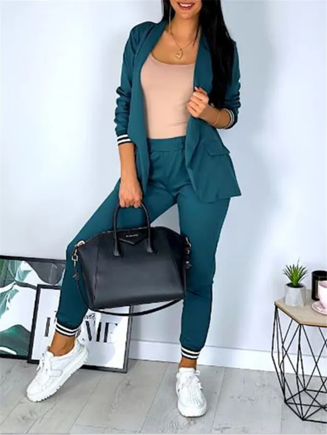 Casual Solid Color Long Sleeve Suit Trousers Two piece Set Dark Green - Shop at LoveMi