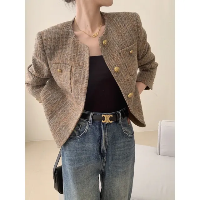 Brown Collarless Jacket Autumn And Winter Short Temperamental Top Coffee - Shop at LoveMi