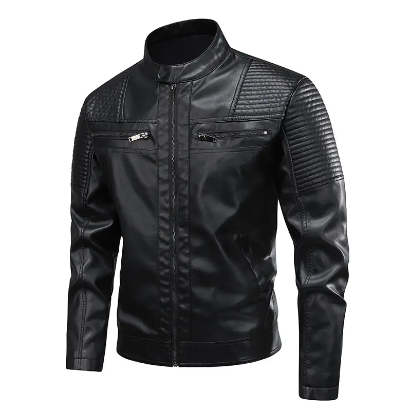 Mens Stand-Up Collar Leather Jacket Slim-Fit Biker