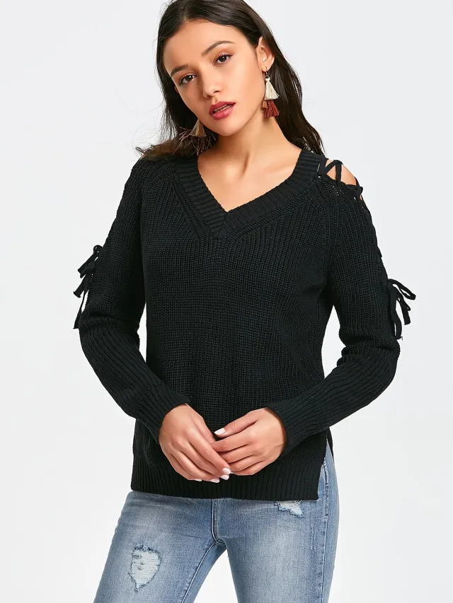 Hollow Knit Sweater Women Long Sleeve Tie Loose V neck Black - Shop at LoveMi