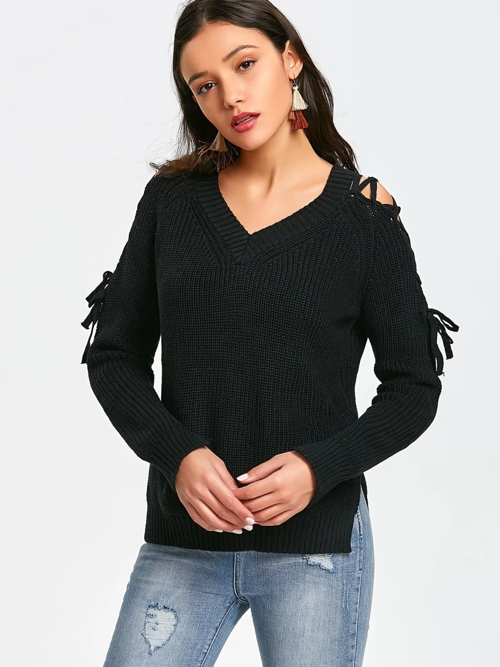 Hollow Knit Sweater Women Long Sleeve Tie Loose V-neck - Black