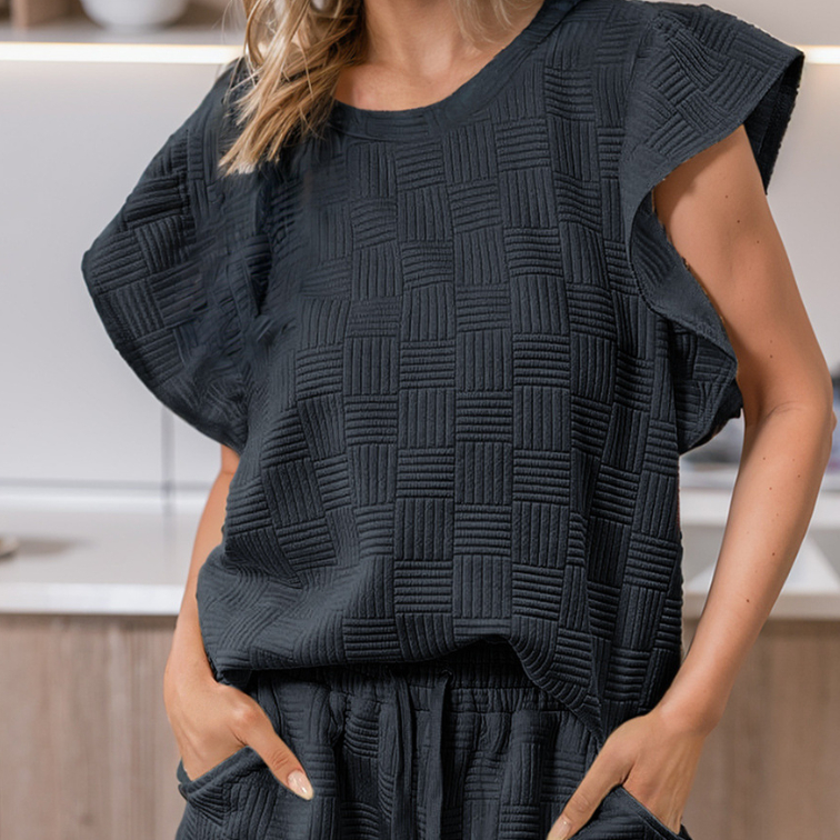 Solid Color Ruffle Sleeve Casual Suit Women