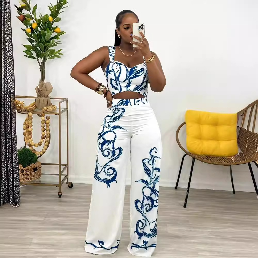 Sexy Print Suspenders High Waist Wide Leg Pants Two-piece Set