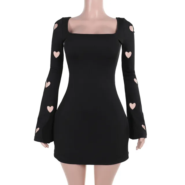 Slim fit Knitted Love Burning Flower Long Sleeve Dress Black - Shop at LoveMi