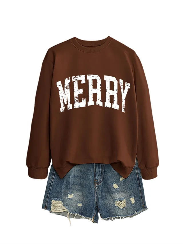 Casual Women's MERRY Letter Print Sweatshirt Coffee Brown - Shop at LoveMi