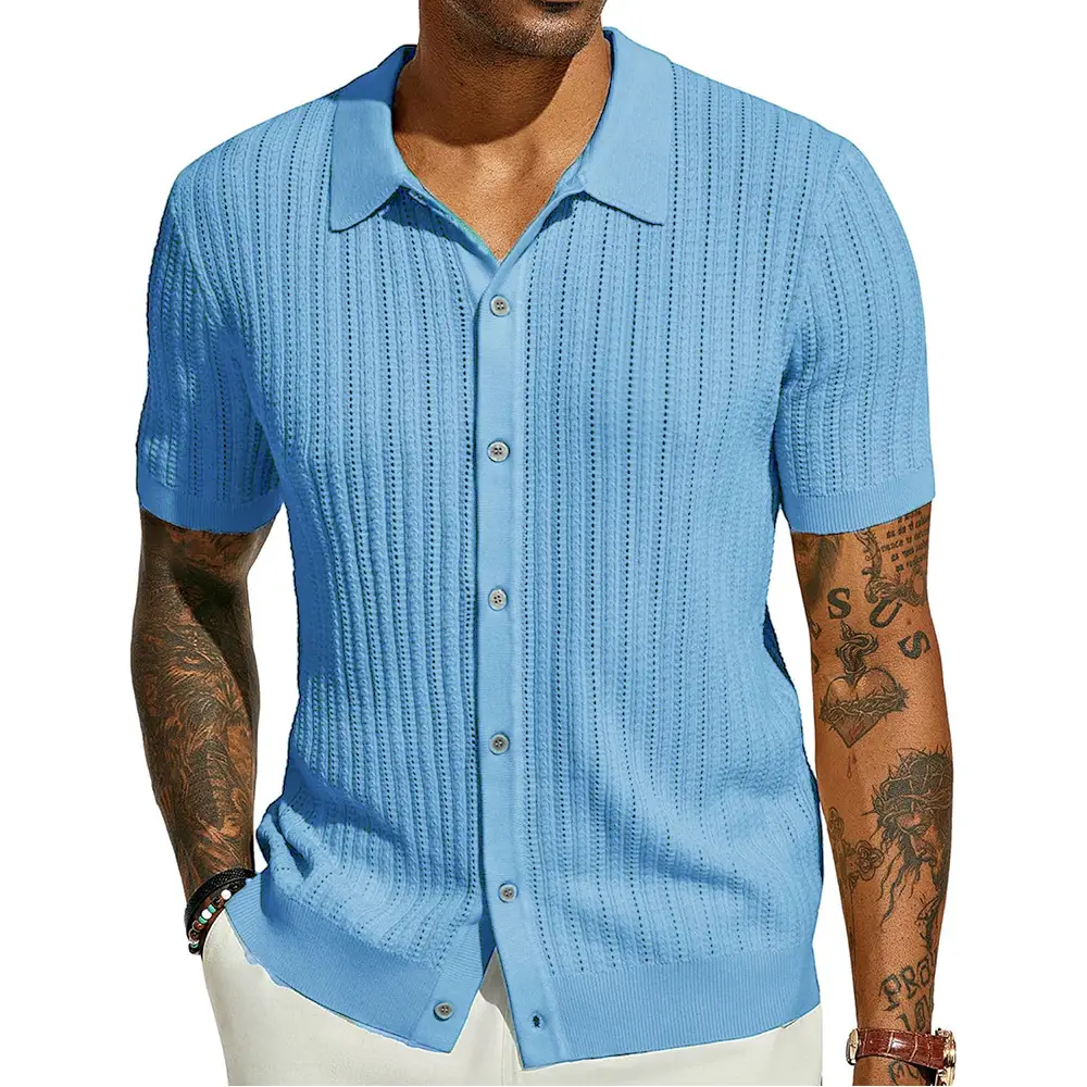 Summer Cool Knitted Men's Shirt Short Sleeved Lapel Solid Color