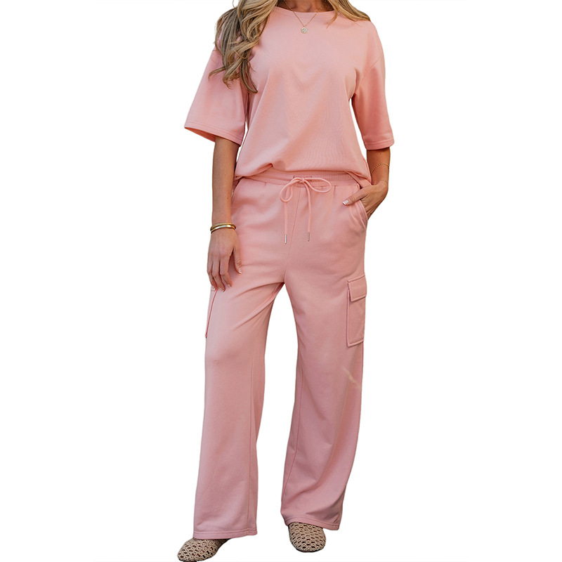 Spring And Summer New Solid Color Short Sleeve Two-piece Set Women's Casual