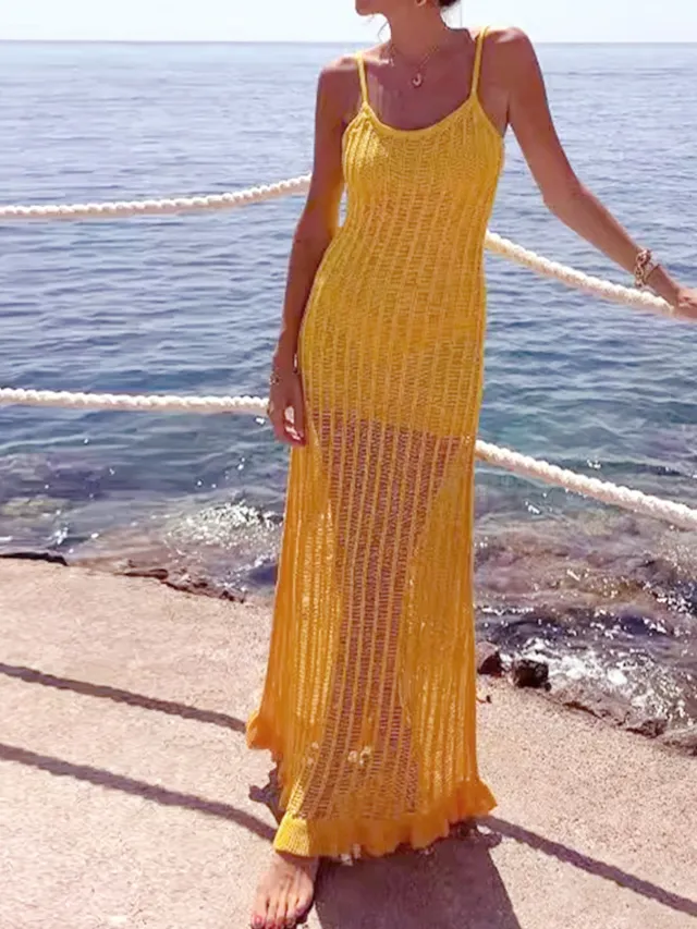 Knitted Hollow out Camisole Beach Vacation Summer Dress Yellow - Shop at LoveMi