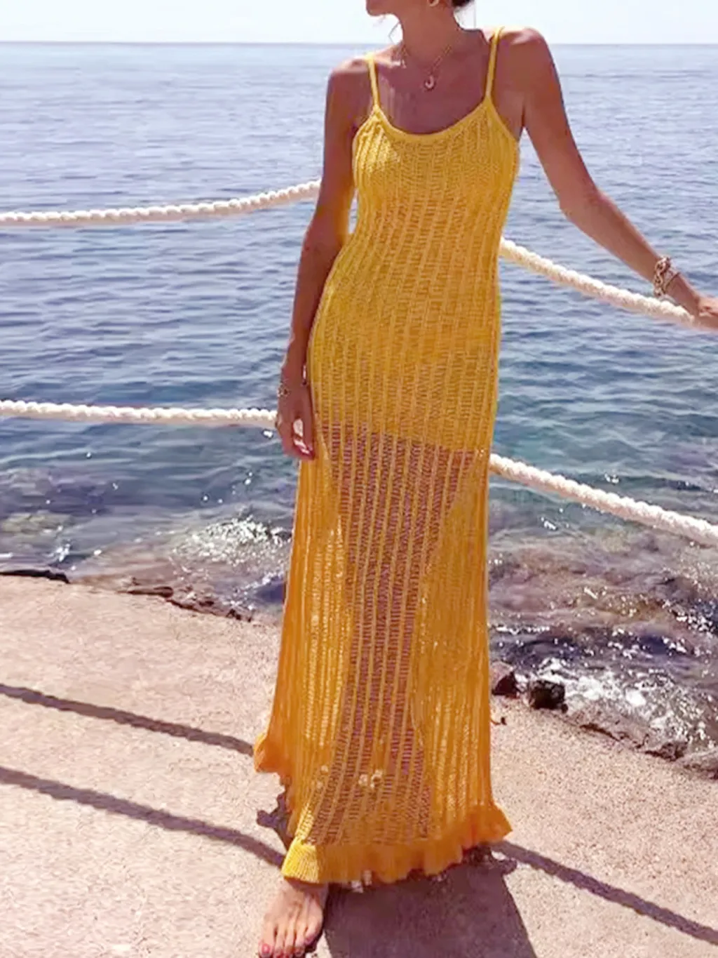 Knitted Hollow-out Camisole Beach Vacation Summer Dress - Yellow