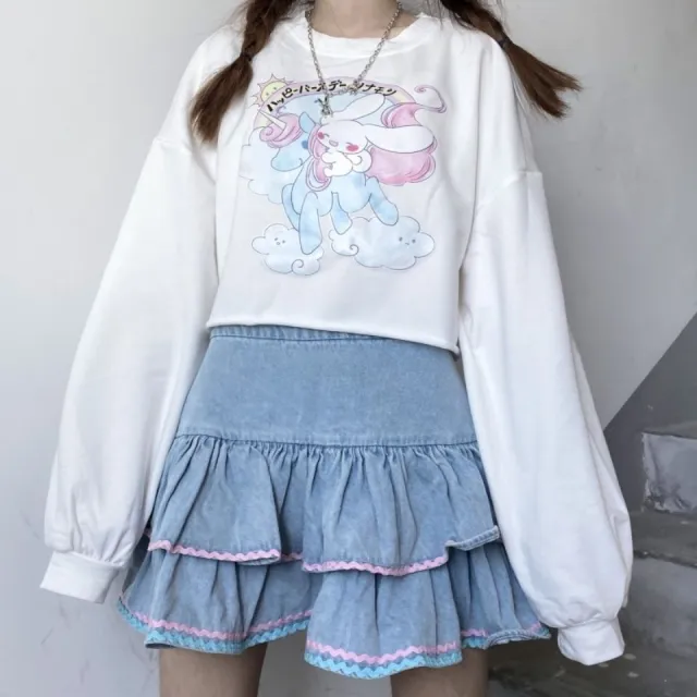Denim Skirt Cute Sweet Japanese High Waist Bubble Skirt Denim Pettiskirt - Shop at LoveMi