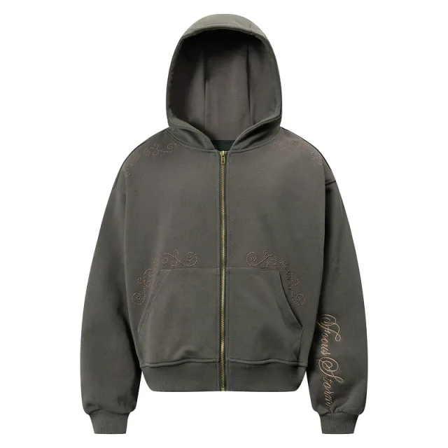 Men's And Women's Same Simple Personality Rivet Zipper Casual Loose fitting Hoodie Sweater Coat Flower Gray - Shop at LoveMi