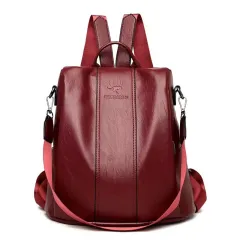 Backpack Women's Large Capacity Soft Leather Travel Bag - Red - View 1