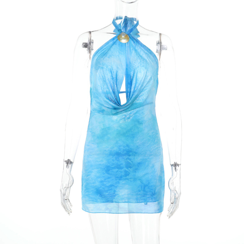 Halter Neck Hollow out Vacation Mini Printed Dress Blue - Shop at LoveMi