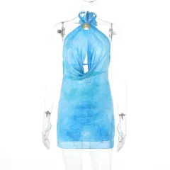 Halter Neck Hollow-out Vacation Mini Printed Dress - Blue - View 1