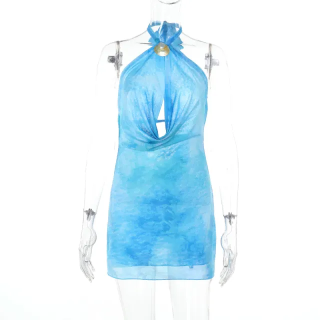 Halter Neck Hollow out Vacation Mini Printed Dress Blue - Shop at LoveMi