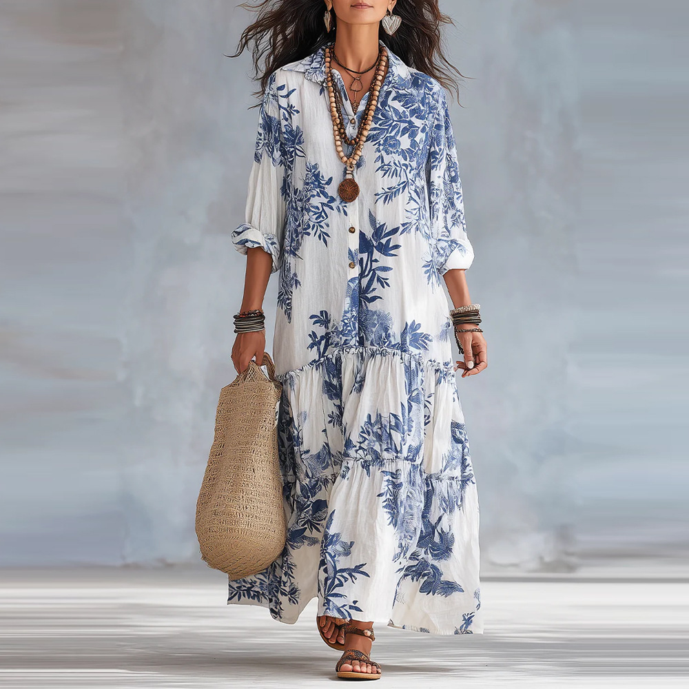 New Womens Casual Long-sleeve Lapel Dress
