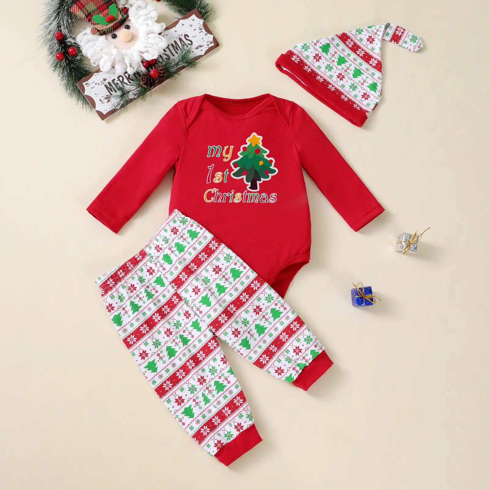 Christmas Tree Print Long-sleeve Bodysuit Pants Hat 3-piece Party Outfit