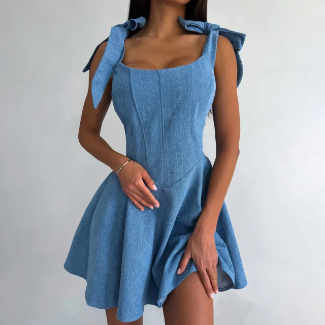 Fashion Square Collar Lace Up Fishbone Waist Dress Sea Blue - Shop at LoveMi
