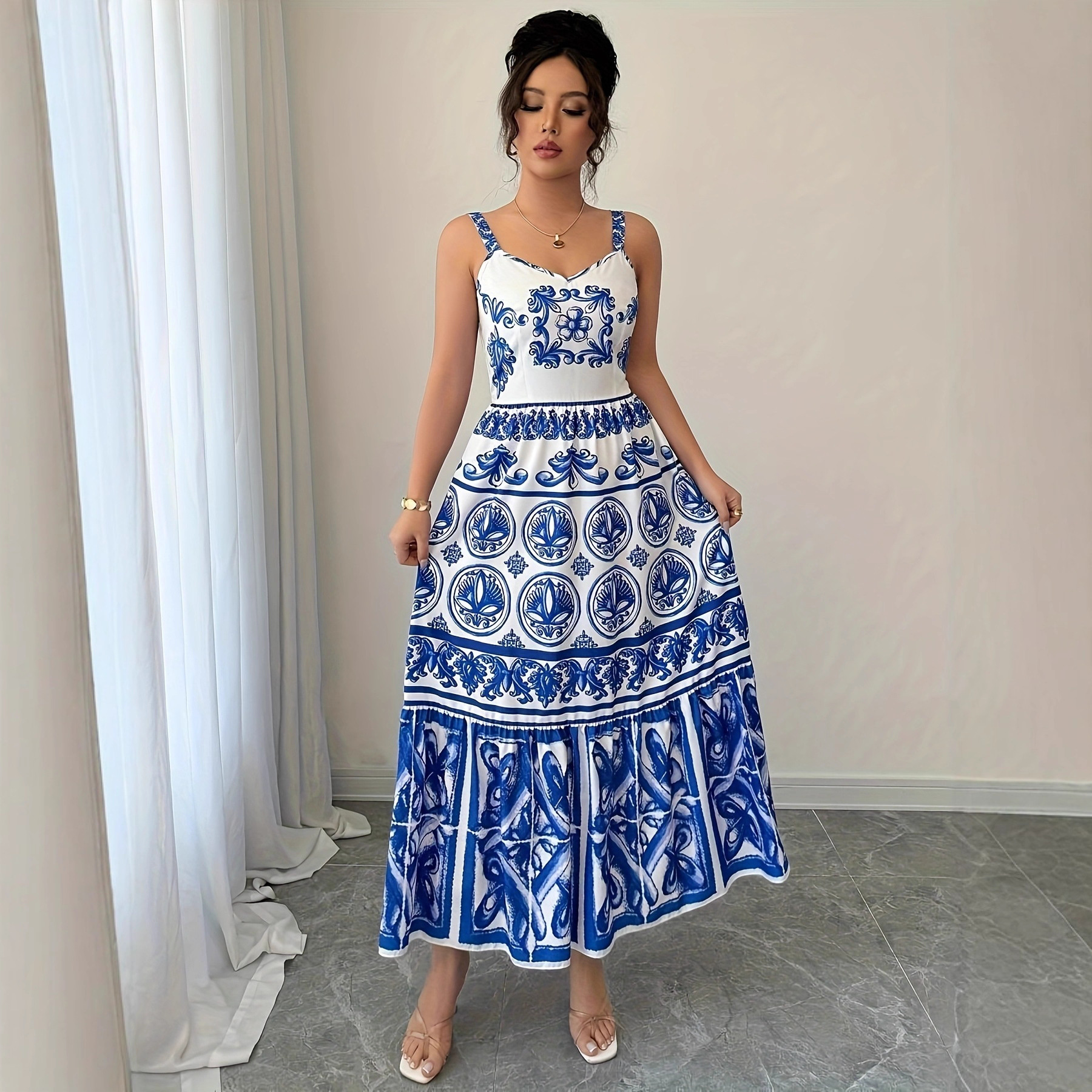 Women's Summer New Waist slimming Design Floral Strap Dress Elegant Vacation Style Blue - Shop at LoveMi