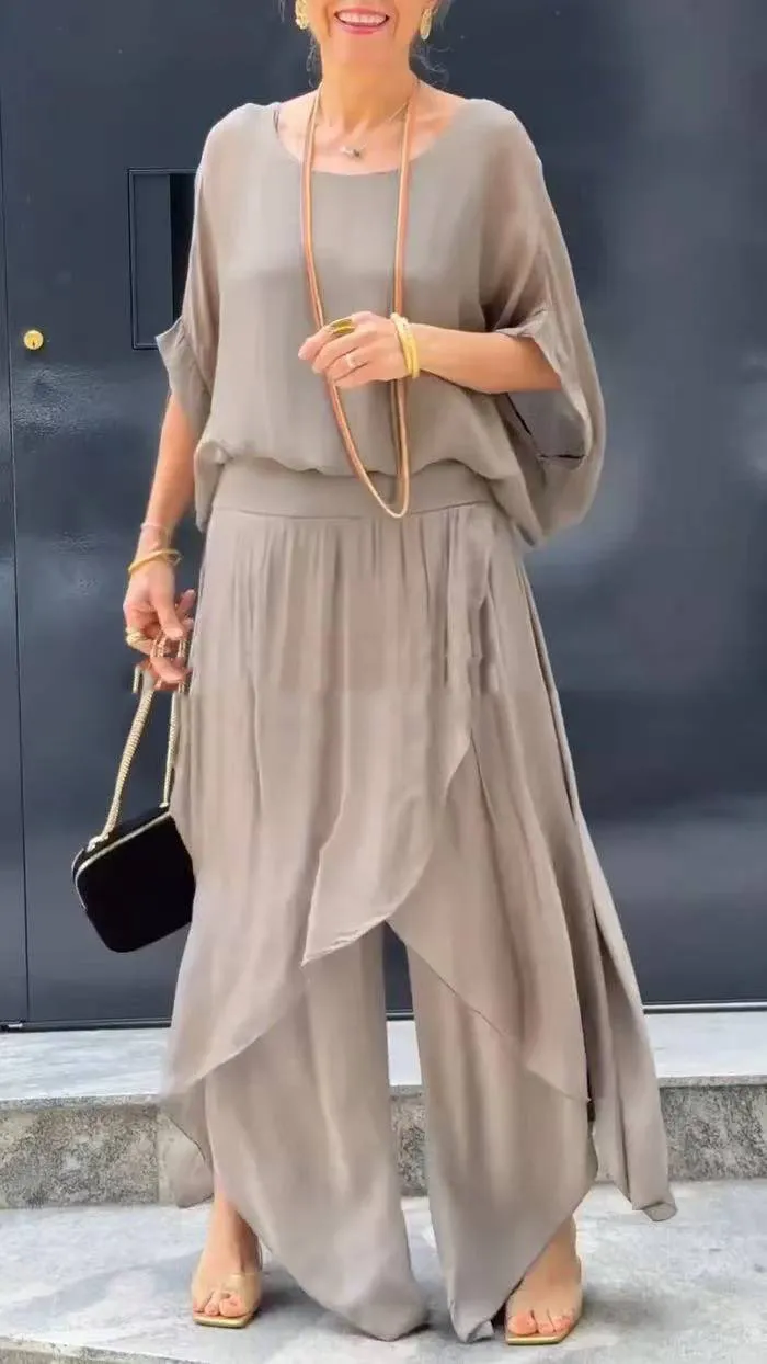 Loose Comfortable Top Split Wide Leg Pants Chiffon Casual Suit - Apricot