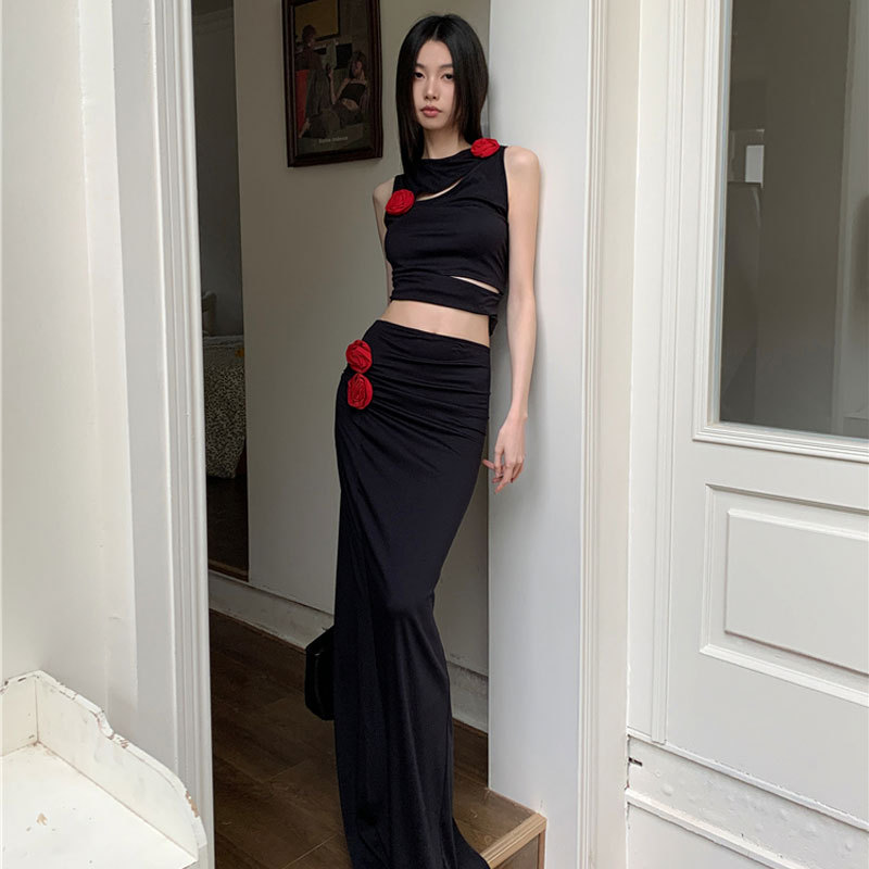 Irregular Hollow-out Vest Low Waist Long Skirt Sexy Hot Girl Two-piece Suit