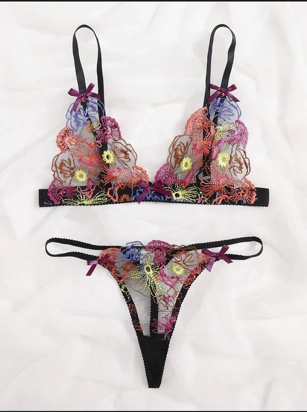 Sexy Womens Colorful Embroidered Three-Piece Lingerie Set