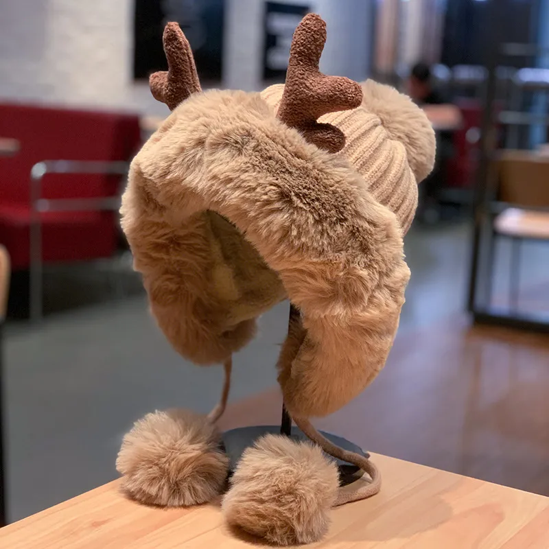 Korean Style Cute Deer Horn Fur Ball Ear Protection Plush Bonnet Christmas Thickened Cycling Cap - Khaki