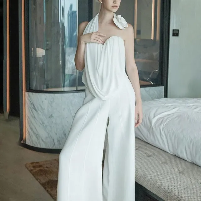 Sexy Style White Suspender Halterneck Vest Women's Slim Pants White - Shop at LoveMi